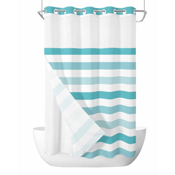 No Hook Cloth Fabric Shower Curtain with Snap in Liner, Aqua Ombre Grey Striped Waterproof Shower Curtains Set with See Through Top Window, Farmhouse Stripe Modern Bath Curtains Shower 36"x72"