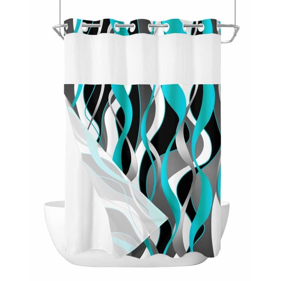 No Hook Cloth Fabric Shower Curtain with Snap in Liner, Aqua Stripe Waterproof Shower Curtains Set with See Through Top Window, Ombre Grey Moire Geometric Modern Abstract Bath Curtains Shower 60"x72"