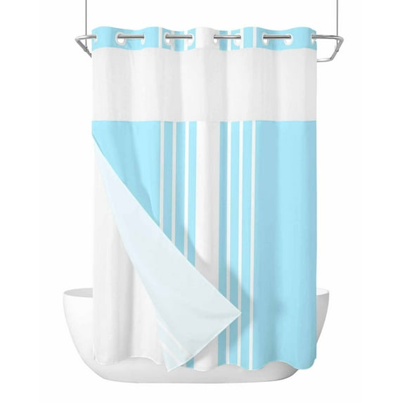 No Hook Cloth Fabric Shower Curtain with Snap in Liner, Aqua White Stripe Waterproof Shower Curtains Set with See Through Top Window, Modern Rustic Vertical Striped Bath Curtains Shower 72"x96"