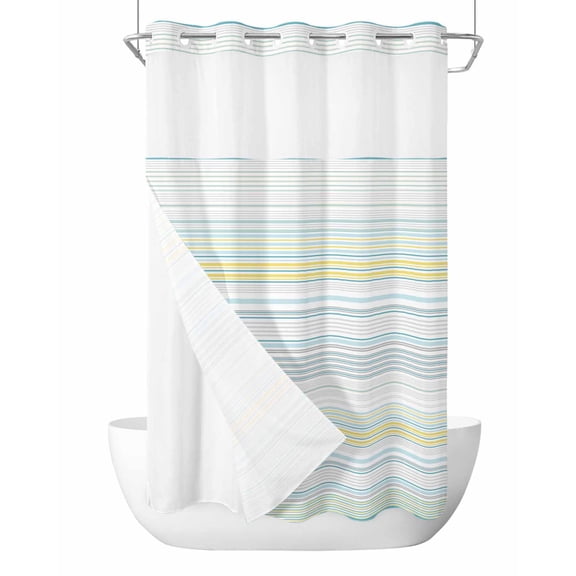 No Hook Cloth Fabric Shower Curtain with Snap in Liner, Aqua Yellow Stripe Waterproof Shower Curtains Set with See Through Top Window, Abstract Art Modern Vertical Striped Bath Curtains 54"x78"