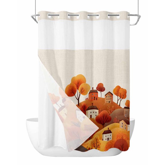 No Hook Cloth Fabric Shower Curtain with Snap in Liner, Autumn Hill Fall Waterproof Shower Curtains Set with See Through Top Window, Thanksgiving Orange Trees Retro Country House 72"x84"