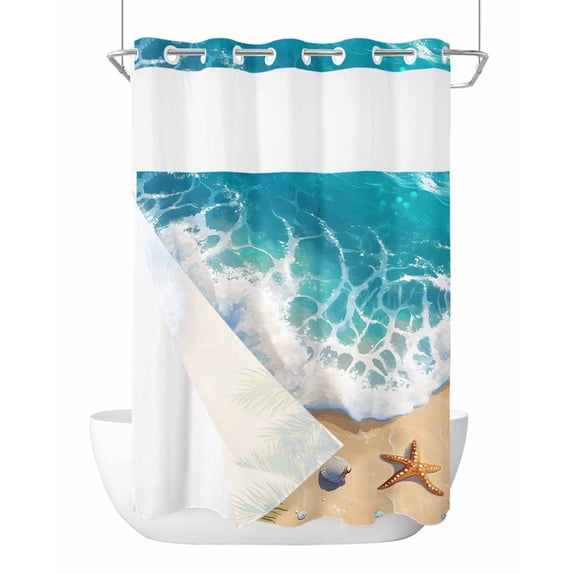No Hook Cloth Fabric Shower Curtain with Snap in Liner, Beach Coastal Waterproof Shower Curtains Set with See Through Top Window, Aqua Summer Nautical Seaside Starfish Bath Curtains Shower 72"x96"