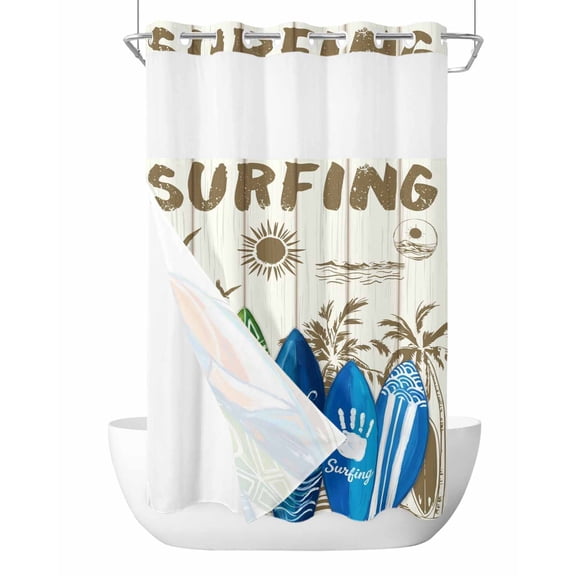 No Hook Cloth Fabric Shower Curtain with Snap in Liner, Beach Surfboard Waterproof Shower Curtains Set with See Through Top Window, Summer Sea Surfing Tropical Botanical Tree Bath Curtains 36"x72"