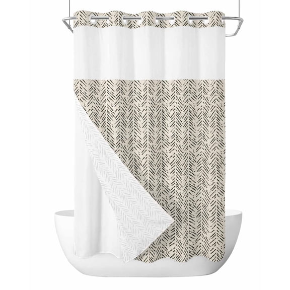No Hook Cloth Fabric Shower Curtain with Snap in Liner, Beige Black Striped Waterproof Shower Curtains Set with See Through Top Window, Abstract Modern Art Irregular Stripe Bath Curtains 36"x78"