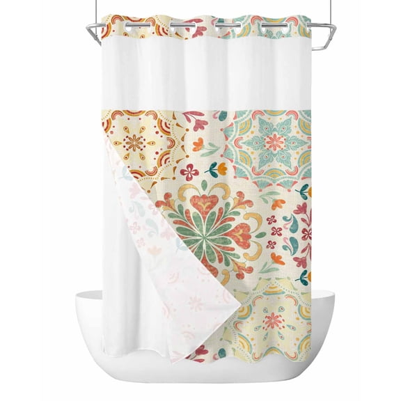 No Hook Cloth Fabric Shower Curtain with Snap in Liner, Beige Boho Waterproof Shower Curtains Set with See Through Top Window, Retro Ethnic Shabby Colorful Floral Patterned Bath Curtains 36"x78"