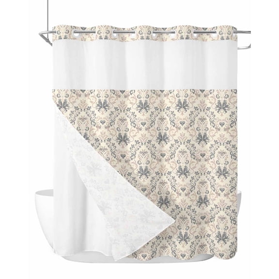 No Hook Cloth Fabric Shower Curtain with Snap in Liner, Beige Grey Baroque Waterproof Shower Curtains Set with See Through Top Window, Abstract Art Floral Pattern Bath Curtains Shower 66"x72"