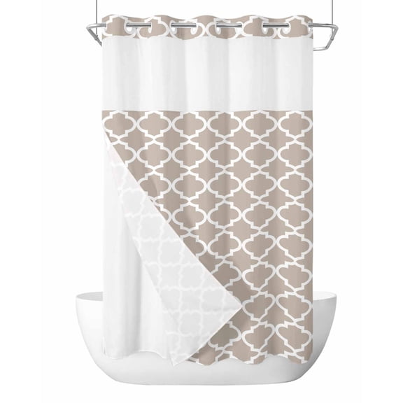 No Hook Cloth Fabric Shower Curtain with Snap in Liner, Beige Moroccon Waterproof Shower Curtains Set with See Through Top Window, Farmhouse Minimalist Abstract Geometric Bath Curtains Shower 36"x78"