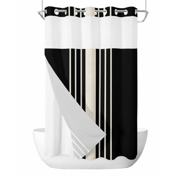 No Hook Cloth Fabric Shower Curtain with Snap in Liner, Black Beige Striped Waterproof Shower Curtains Set with See Through Top Window, Modern Farmhouse Retro Lines Bath Curtains Shower 36"x72"