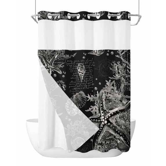 No Hook Cloth Fabric Shower Curtain with Snap in Liner, Black Coastal Starfish Waterproof Shower Curtains Set with See Through Top Window, Vintage Coral Seahorse Shell Bath Curtains Shower 72"x96"