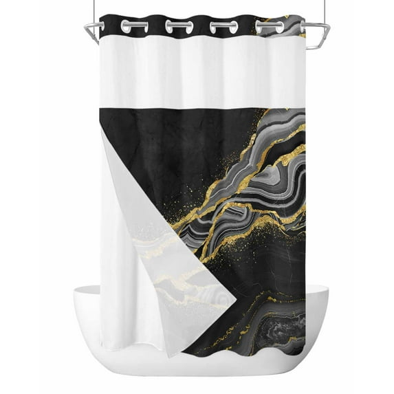 No Hook Cloth Fabric Shower Curtain with Snap in Liner, Black Marble Waterproof Shower Curtains Set with See Through Top Window, Gold Abstract Vintage Modern Grey Art Bath Curtains Shower 54"x78"