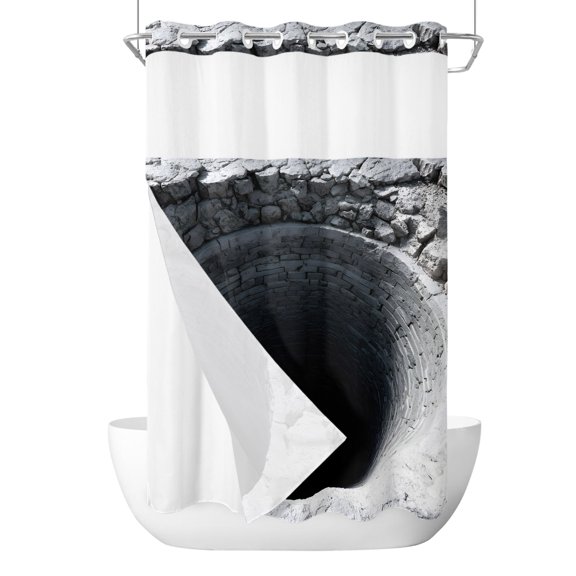 No Hook Cloth Fabric Shower Curtain with Snap in Liner, Black Stone Well Waterproof Shower Curtains Set with See Through Top Window, Farmhouse Minimalist Nature Bath Curtains Shower 36"x72"