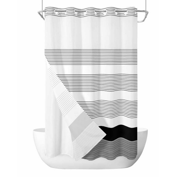 No Hook Cloth Fabric Shower Curtain with Snap in Liner, Black Stripe Waterproof Shower Curtains Set with See Through Top Window, Modern Rustic Horizontal Black Striped Bath Curtains Shower 36"x78"