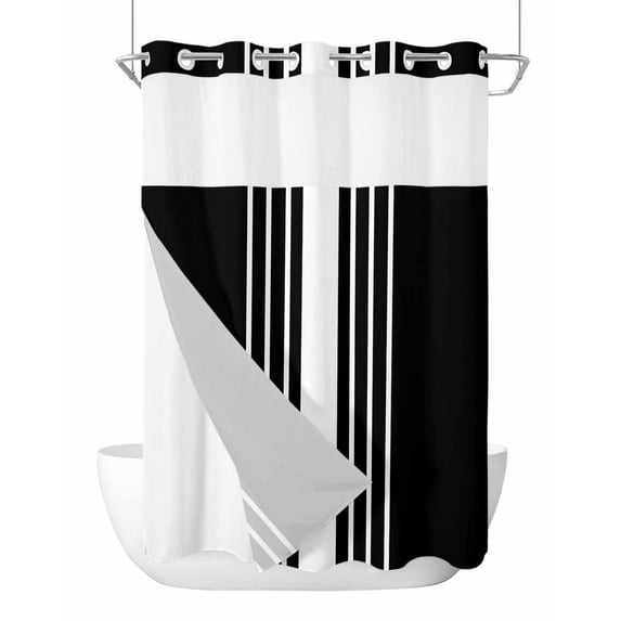 No Hook Cloth Fabric Shower Curtain with Snap in Liner, Black White Stripe Waterproof Shower Curtains Set with See Through Top Window, Modern Rustic Vertical Striped Bath Curtains Shower 72"x96"