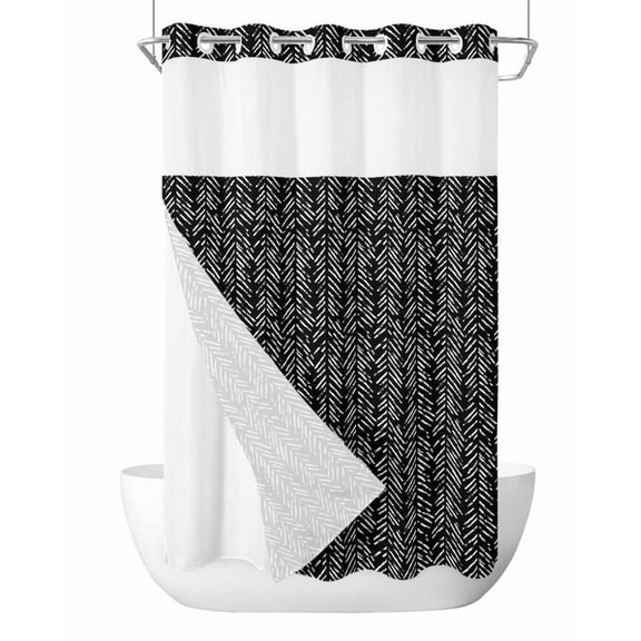 No Hook Cloth Fabric Shower Curtain with Snap in Liner, Black White Striped Waterproof Shower Curtains Set with See Through Top Window, Abstract Modern Art Irregular Stripe Bath Curtains 36"x72"