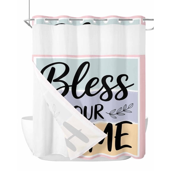 No Hook Cloth Fabric Shower Curtain with Snap in Liner, Bless Our Home Waterproof Shower Curtains Set with See Through Top Window, Wheat Color Black Stripes Aesthetic Bath Curtains Shower 72"x78"
