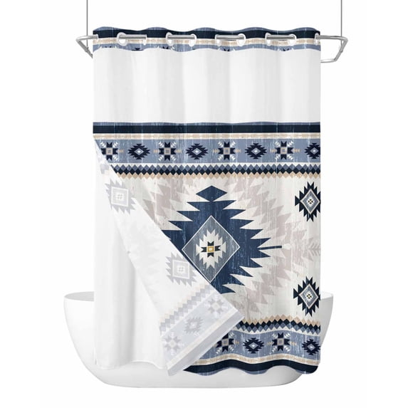 No Hook Cloth Fabric Shower Curtain with Snap in Liner, Blue Beige Boho Waterproof Shower Curtains Set with See Through Top Window, Vintage Ethnic Tribal Southwestern Bath Curtains Shower 72"x84"