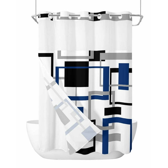 No Hook Cloth Fabric Shower Curtain with Snap in Liner, Blue Black Geometric Waterproof Shower Curtains Set with See Through Top Window, Modern Minimalist Stripes Aesthetic Bath Curtains 72"x84"