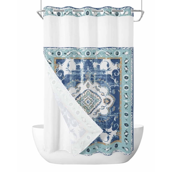 No Hook Cloth Fabric Shower Curtain with Snap in Liner, Blue Boho Waterproof Shower Curtains Set with See Through Top Window, Farmhouse Bohemian Medallion Oriental Flower Bath Curtains Shower 36"x78"