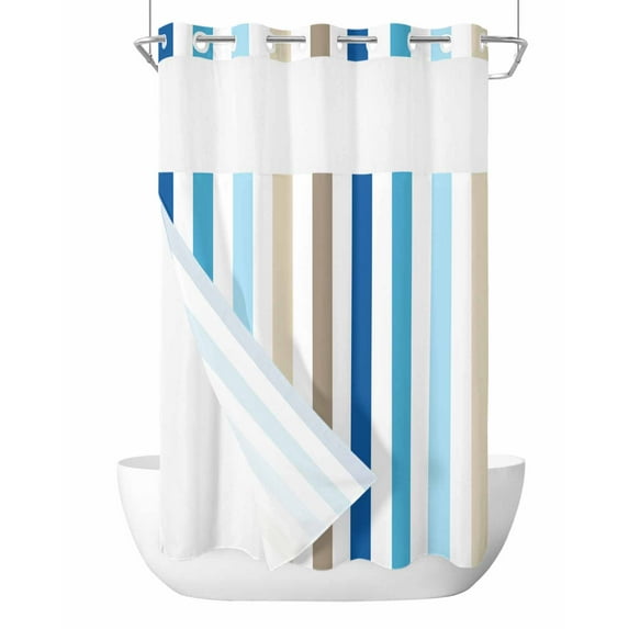 No Hook Cloth Fabric Shower Curtain with Snap in Liner, Blue Brown Stripe Waterproof Shower Curtains Set with See Through Top Window, Ombre Geometric Vertical Striped Bath Curtains Shower 54"x78"
