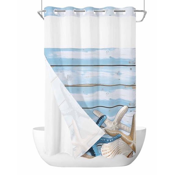 No Hook Cloth Fabric Shower Curtain with Snap in Liner, Blue Coastal Vintage Waterproof Shower Curtains Set with See Through Top Window, Ocean Starfish Farmhouse Board Bath Curtains Shower 54"x78"