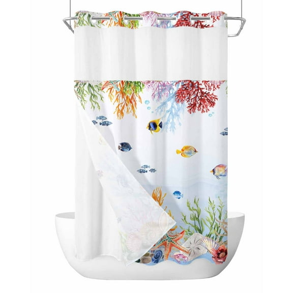 No Hook Cloth Fabric Shower Curtain with Snap in Liner, Blue Coastal Waterproof Shower Curtains Set with See Through Top Window, Summer Beach Nautical Coral Fish Bath Curtains Shower 36"x78"