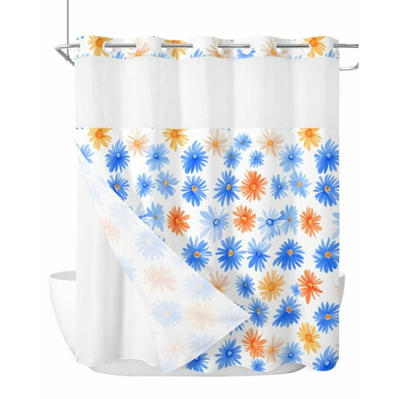 No Hook Cloth Fabric Shower Curtain with Snap in Liner, Blue Flower Waterproof Shower Curtains Set with See Through Top Window, Cartoon Daisy Garden Florals Watercolor Bath Curtains Shower 72"x72"