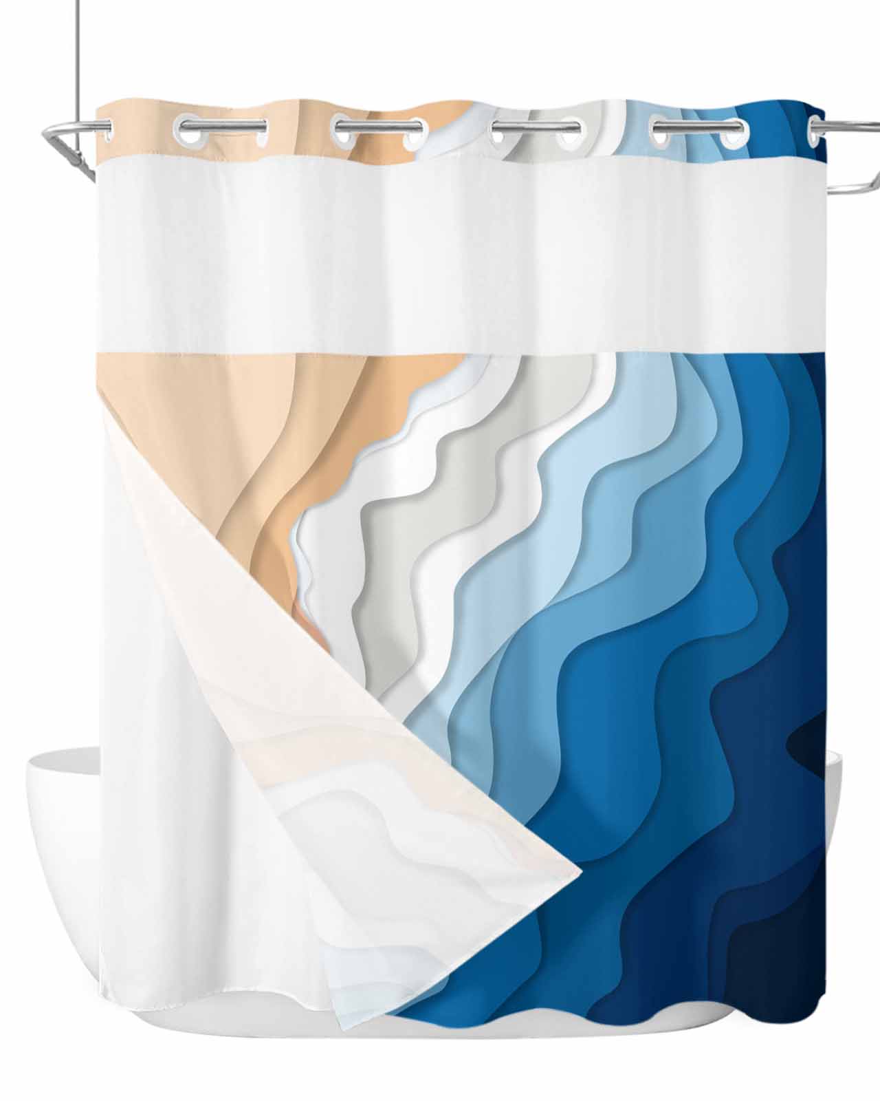 Nesphy No-Hook Shower Curtain Set - Blue/Grey Striped With Snap-in PEVA Liner & Top Mesh Window, 71"x74"