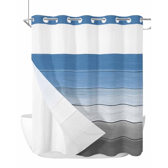 No Hook Cloth Fabric Shower Curtain with Snap in Liner, Blue Gray Waterproof Shower Curtains Set with See Through Top Window, Vintage Farmhouse Gradient Wooden Grain Art Bath Curtains Shower 66"x72"