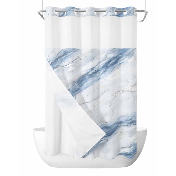 No Hook Cloth Fabric Shower Curtain with Snap in Liner, Blue Grey Marble Waterproof Shower Curtains Set with See Through Top Window, Vintage Abstract Modern Art Crack Bath Curtains Shower 54"x78"