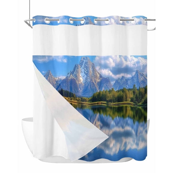 No Hook Cloth Fabric Shower Curtain with Snap in Liner, Blue Mountain Waterproof Shower Curtains Set with See Through Top Window, Modern Art Green Forest Lake Bath Curtains Shower 72"x78"