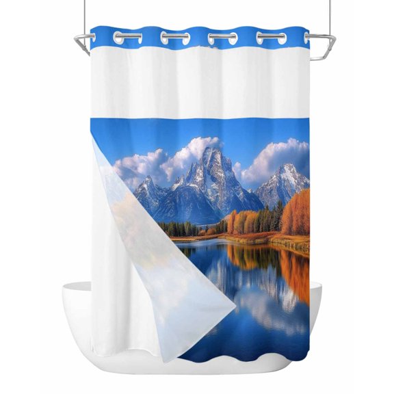 No Hook Cloth Fabric Shower Curtain with Snap in Liner, Blue Mountain Waterproof Shower Curtains Set with See Through Top Window, Modern Art Yellow Trees Lake Bath Curtains Shower 72"x84"