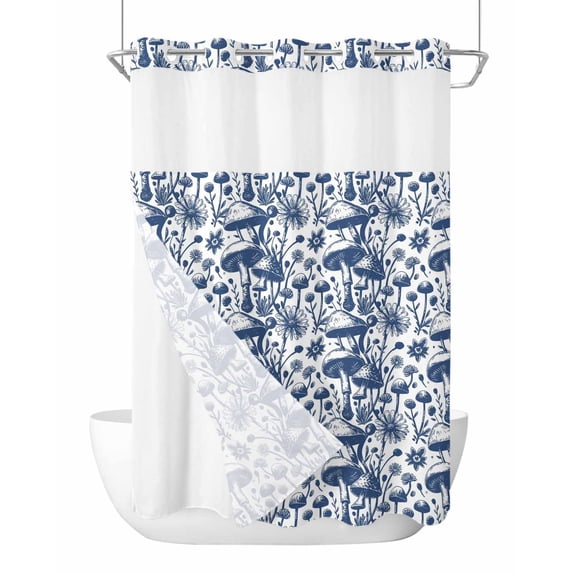 No Hook Cloth Fabric Shower Curtain with Snap in Liner, Blue Mushrooms Waterproof Shower Curtains Set with See Through Top Window, Retro Thanksgiving Country Plants Bath Curtains Shower 48"x72"