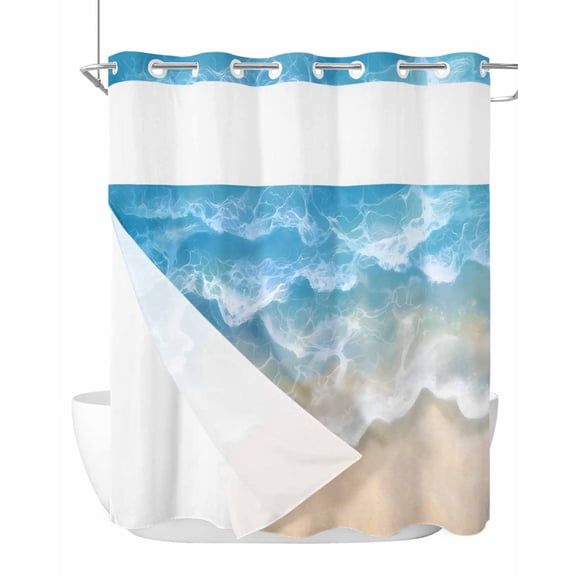 No Hook Cloth Fabric Shower Curtain with Snap in Liner, Blue Ocean Waterproof Shower Curtains Set with See Through Top Window, Nature Summer Beach Brown Sand Water Ripple Bath Curtains Shower 72"x78"