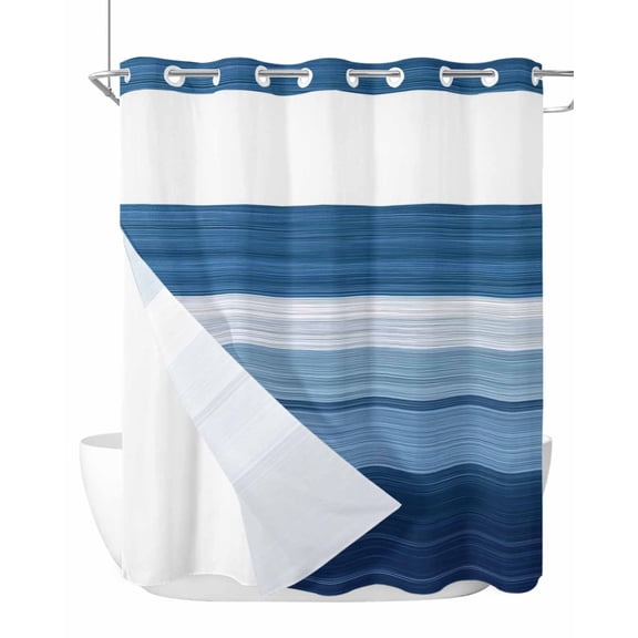 No Hook Cloth Fabric Shower Curtain with Snap in Liner, Blue Ombre Stripe Waterproof Shower Curtains Set with See Through Top Window, Farmhouse Striped Modern Abstract Art Bath Curtains 72"x72"