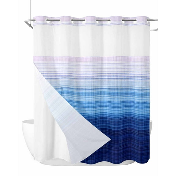 No Hook Cloth Fabric Shower Curtain with Snap in Liner, Blue Pink Ombre Waterproof Shower Curtains Set with See Through Top Window, Gradient Abstract Stripes Texture Bath Curtains Shower 66"x72"