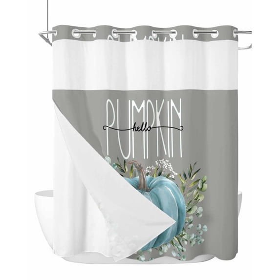No Hook Cloth Fabric Shower Curtain with Snap in Liner, Blue Pumpkins Fall Waterproof Shower Curtains Set with See Through Top Window, Grey Thanksgiving Botanical Leaves Bath Curtains Shower 66"x72"