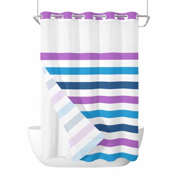 No Hook Cloth Fabric Shower Curtain with Snap in Liner, Blue Purple Striped Waterproof Shower Curtains Set with See Through Top Window, Farmhouse Stripes Simple Art Bath Curtains Shower 48"x72"