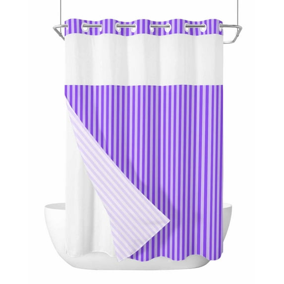 No Hook Cloth Fabric Shower Curtain with Snap in Liner, Blue Purple Waterproof Shower Curtains Set with See Through Top Window, Geometric Vertical Striped Solid Rainbow Bath Curtains Shower 72"x96"
