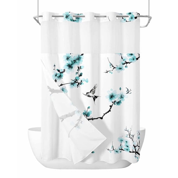 No Hook Cloth Fabric Shower Curtain with Snap in Liner, Blue Spring Floral Waterproof Shower Curtains Set with See Through Top Window, Birds Watercolor Farmhouse Modern Art Bath Curtains 60"x72"