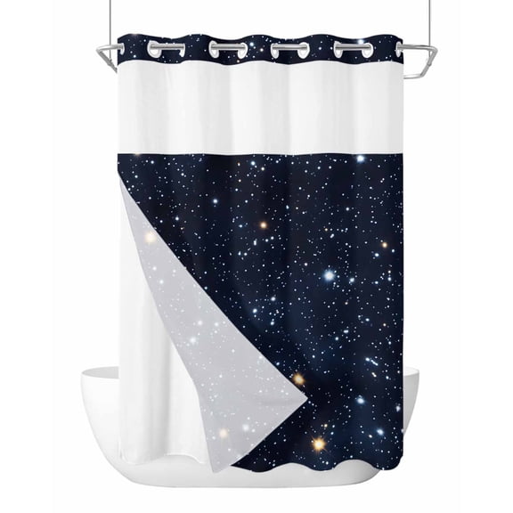 No Hook Cloth Fabric Shower Curtain with Snap in Liner, Blue Starry Sky Waterproof Shower Curtains Set with See Through Top Window, Universe Space Galaxy Night Star Bath Curtains Shower 48"x72"