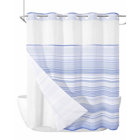 No Hook Cloth Fabric Shower Curtain with Snap in Liner, Blue Stripe Waterproof Shower Curtains Set with See Through Top Window, Abstract Art Modern Vertical Striped Bath Curtains Shower 66"x72"
