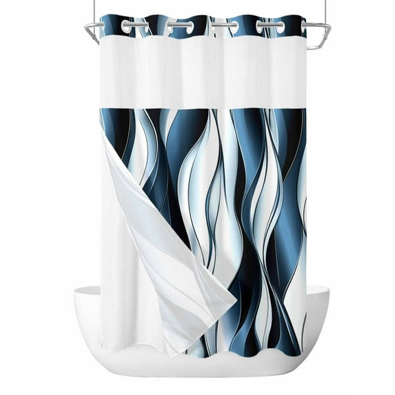 No Hook Cloth Fabric Shower Curtain with Snap in Liner, Blue Striped Ombre Waterproof Shower Curtains Set with See Through Top Window, Modern Blue Moire Geometric Bath Curtains Shower 36"x72"