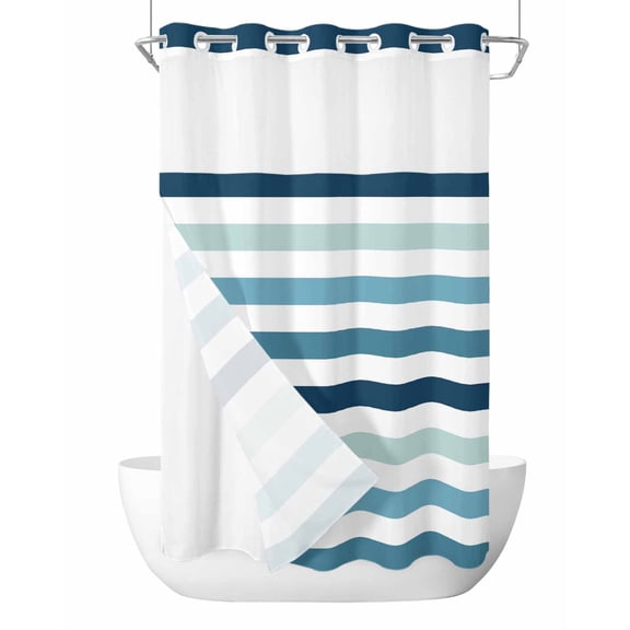 No Hook Cloth Fabric Shower Curtain with Snap in Liner, Blue Teal Ombre Grey Striped Waterproof Shower Curtains Set with See Through Top Window, Farmhouse Stripe Modern Bath Curtains Shower 36"x78"