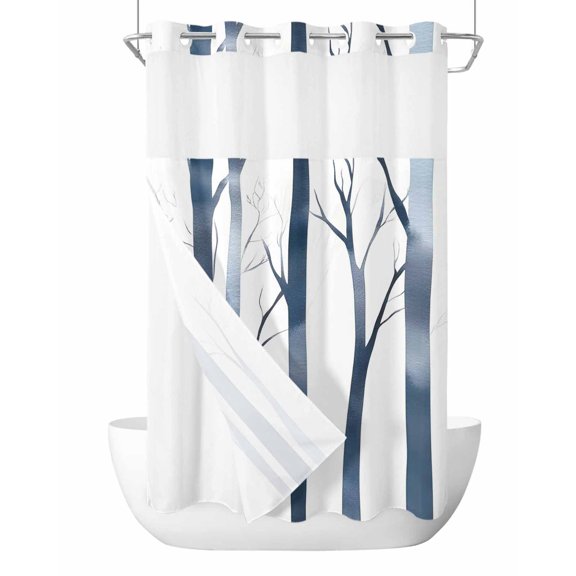 No Hook Cloth Fabric Shower Curtain with Snap in Liner, Blue Trees Waterproof Shower Curtains Set with See Through Top Window, Retro Gradient Forest Branch Silhouette Bath Curtains Shower 36"x78"
