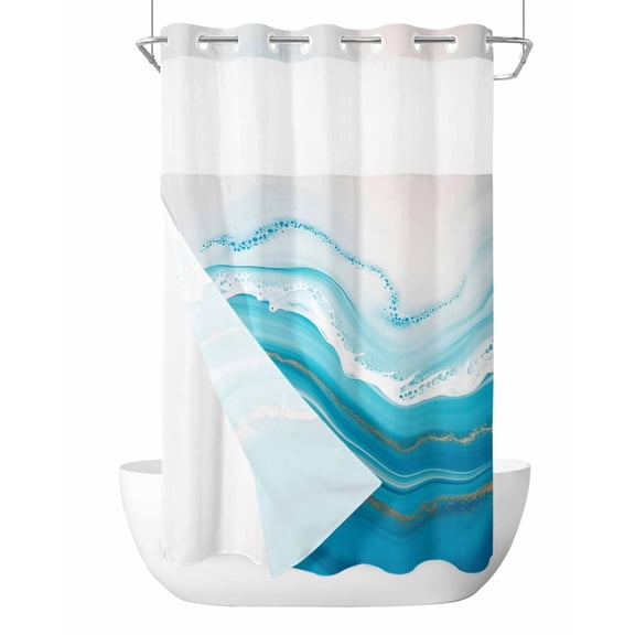 No Hook Cloth Fabric Shower Curtain with Snap in Liner, Blue Waves Abstract Waterproof Shower Curtains Set with See Through Top Window, Modern Water Ripple Striped Bath Curtains Shower 36"x78"
