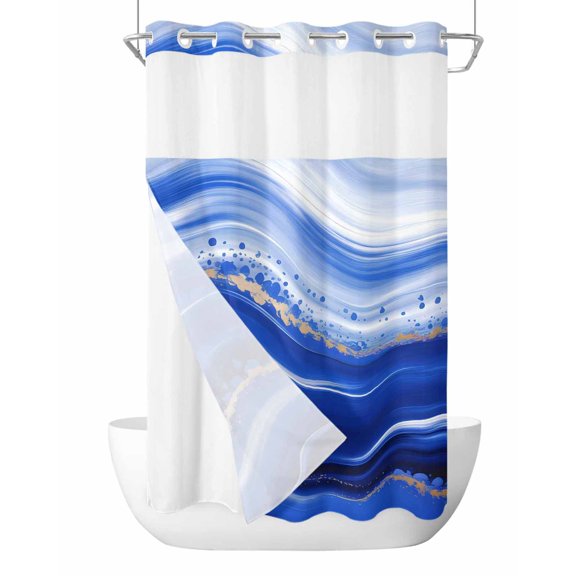 No Hook Cloth Fabric Shower Curtain with Snap in Liner, Blue Waves Abstract Waterproof Shower Curtains Set with See Through Top Window, Ocean Fluid Gradient Luxury Bath Curtains Shower 54"x78"