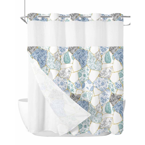 No Hook Cloth Fabric Shower Curtain with Snap in Liner, Blue White Porcelain Waterproof Shower Curtains Set with See Through Top Window, Traditional Oriental Chinese Art Bath Curtains Shower 72"x72"