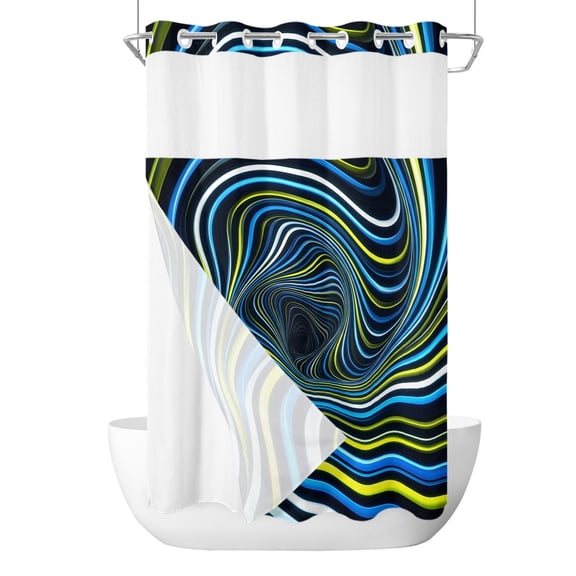 No Hook Cloth Fabric Shower Curtain with Snap in Liner, Blue Yellow White Spiral Waterproof Shower Curtains Set with See Through Top Window, Neon Lines Abstract Cyber Bath Curtains Shower 36"x78"