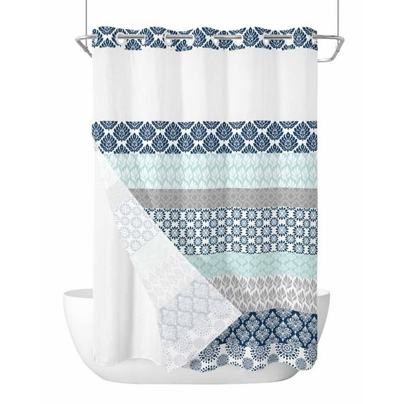 No Hook Cloth Fabric Shower Curtain with Snap in Liner, Boho Blue Aqua Waterproof Shower Curtains Set with See Through Top Window, Geometric Stripes Tribal Bohemia Retro Bath Curtains Shower 72"x84"