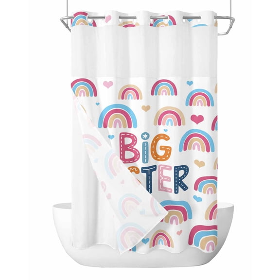 No Hook Cloth Fabric Shower Curtain with Snap in Liner, Boho Colorful Rainbow Waterproof Shower Curtains Set with See Through Top Window, Cartons Rainbows BIG SISTER Text Bath Curtains Shower 36"x78"
